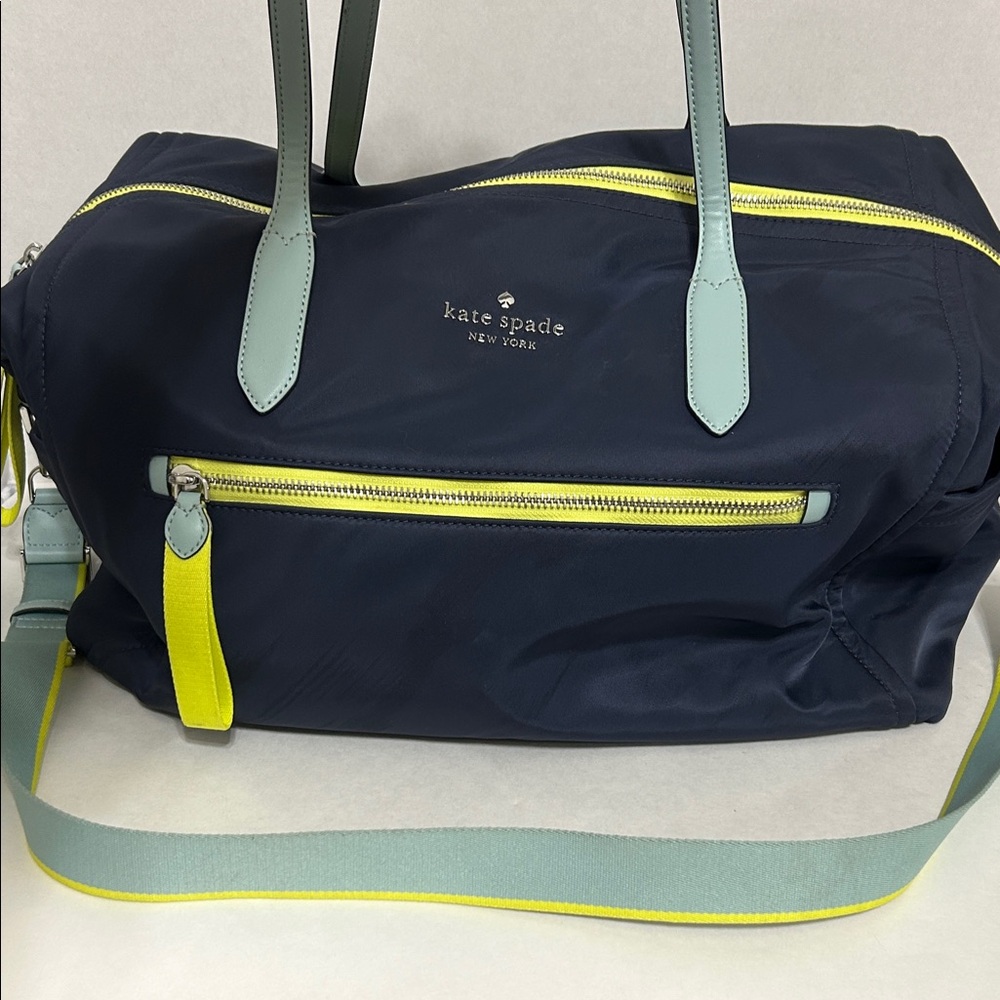 kate spade nylon weekender bag in navy w/ light blue handles and yellow accents - Picture 6 of 8